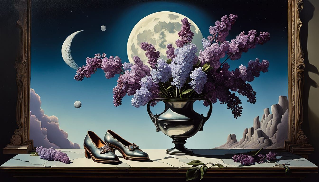 Surreal Lilac Bouquet with Moon and Flying Slippers