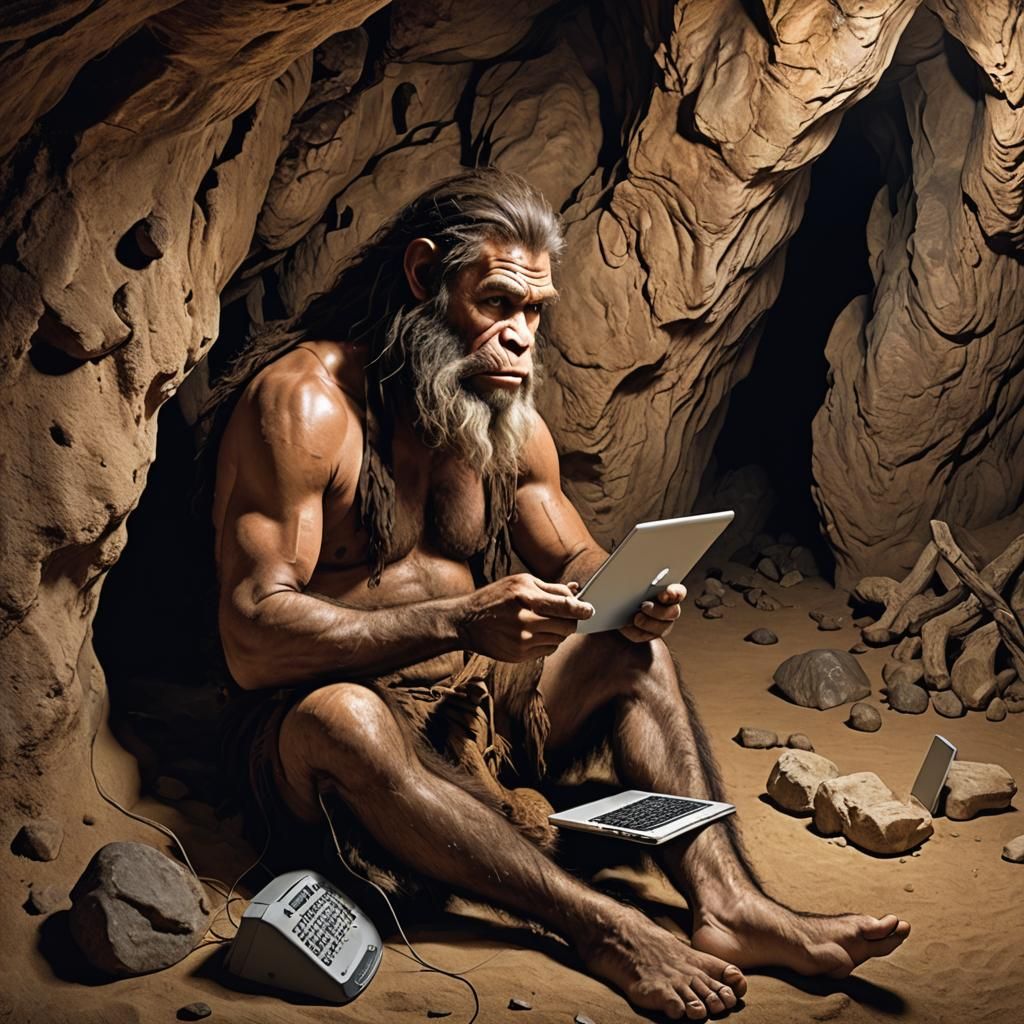 Caveman Browsing Internet: Humorous Juxtaposition