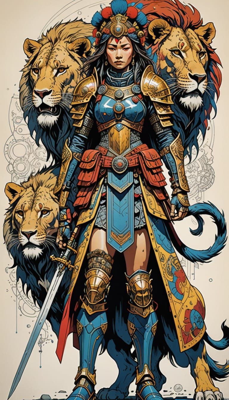 Female Warrior in Lion-Themed Armor, Ultra-Detailed Art