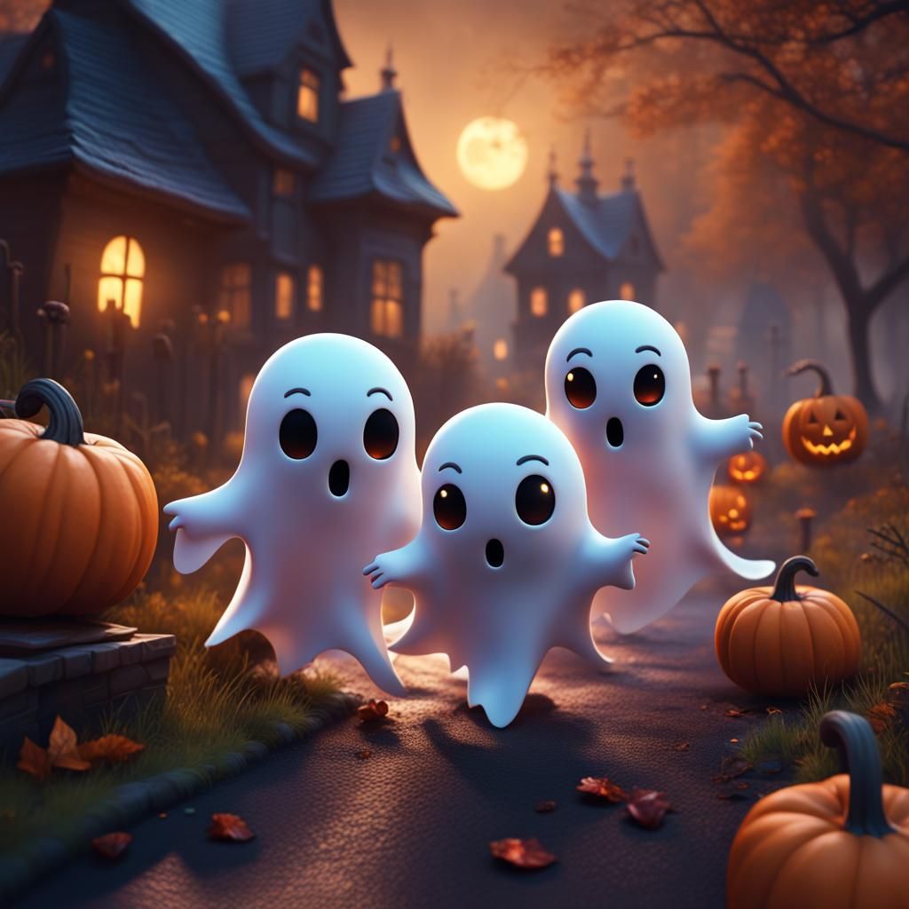 Cute Ghosts Trick-or-Treating in Fantasy Art