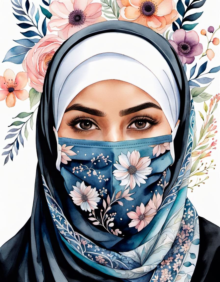 Beautiful Hijabi Woman with Facemask in Watercolor