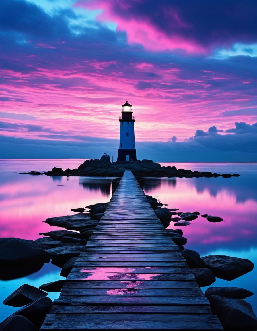 Lighthouse Silhouette at Pier with Dramatic Sky