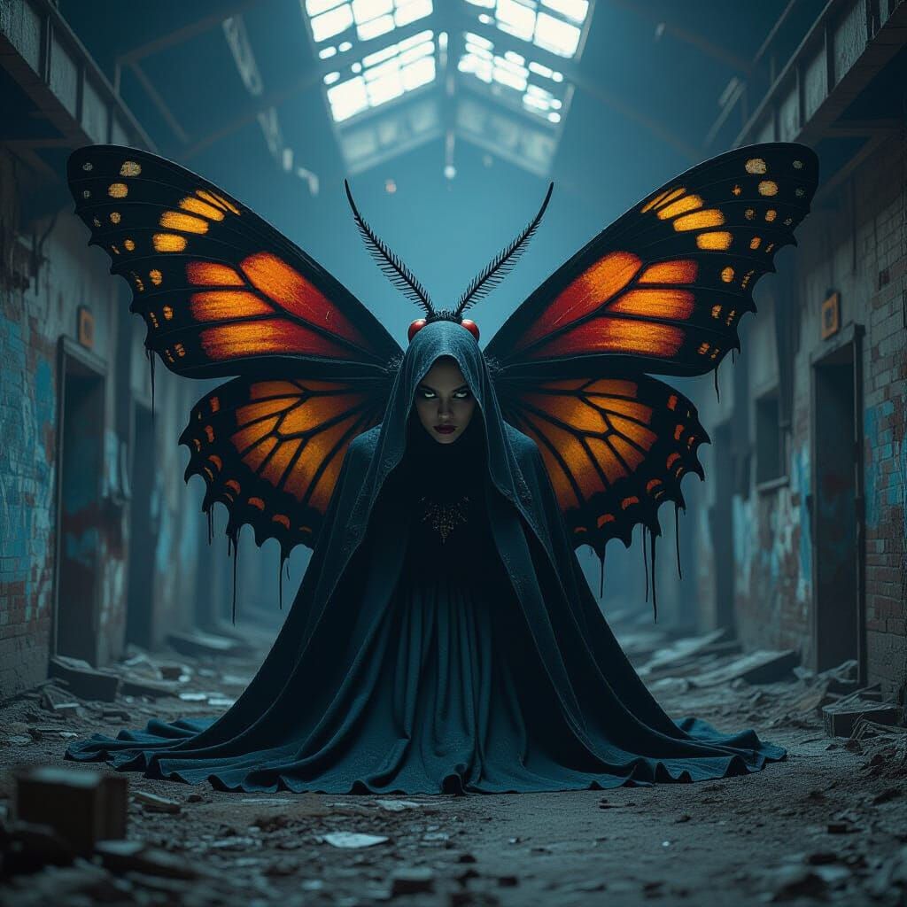 Surreal Woman Transforms into Moth in Gothic Factory