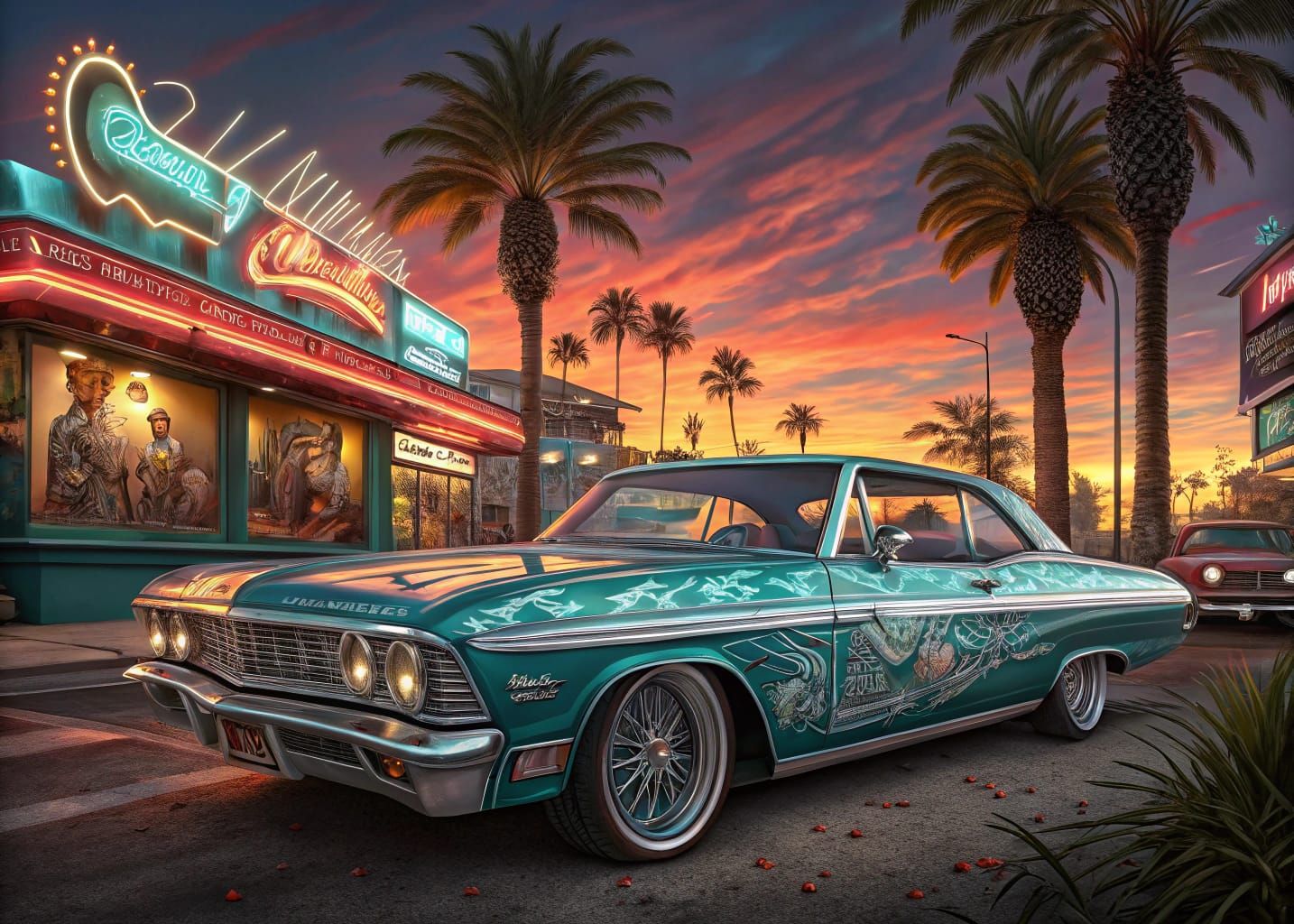 1965 Chevy Impala Lowrider in Chicano Art Style