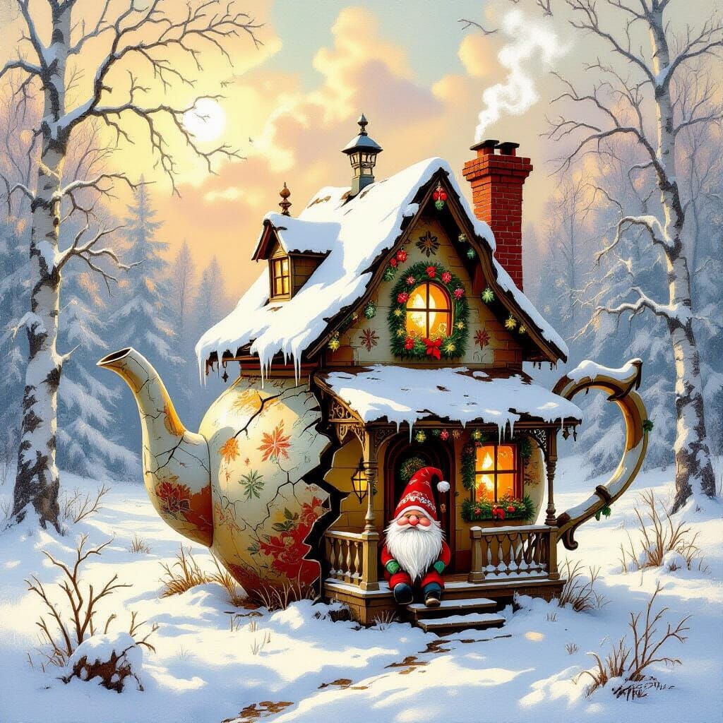 Whimsical Teapot House with Gnome in Snowy Forest