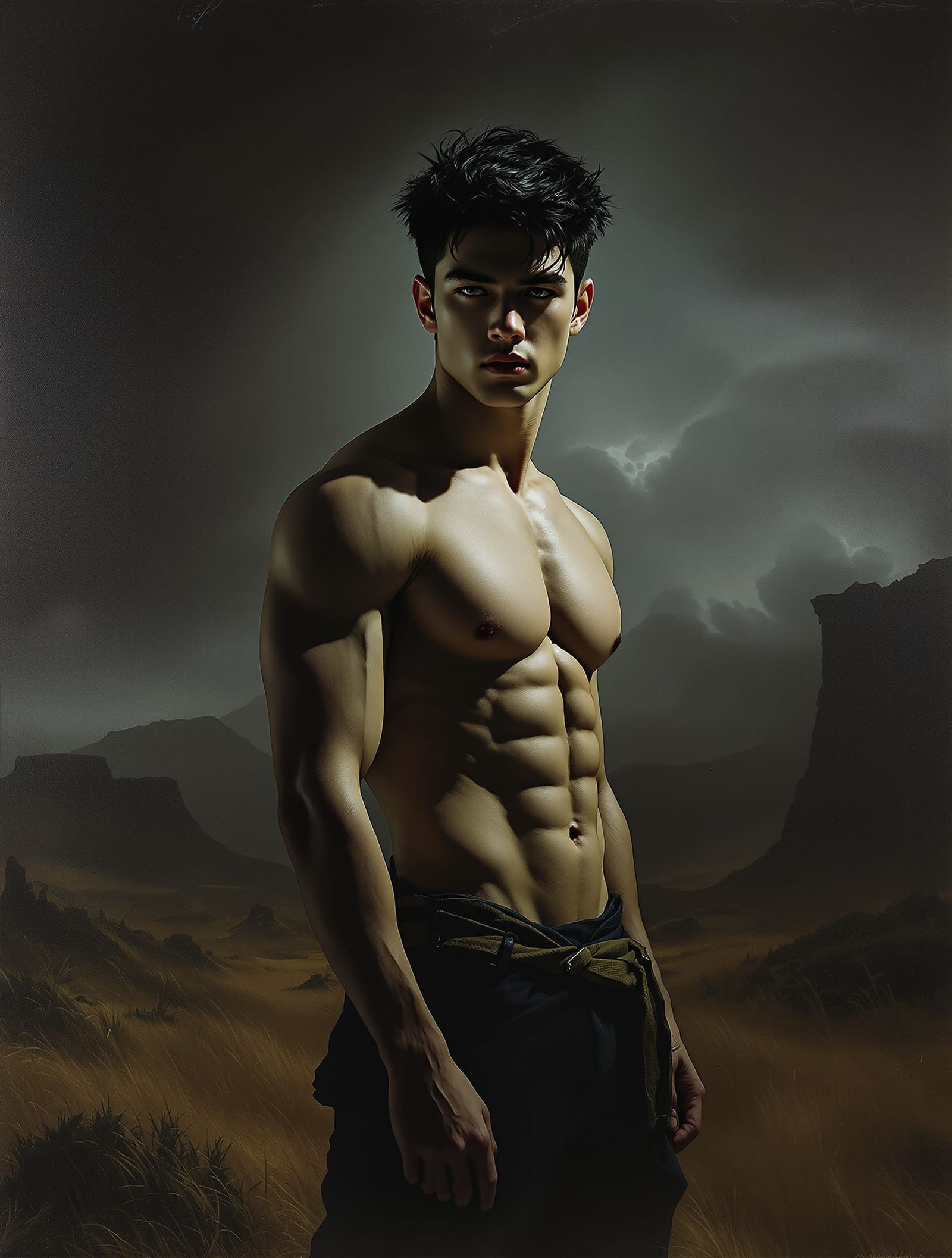 Brooding Hero in Windswept Gothic Landscape