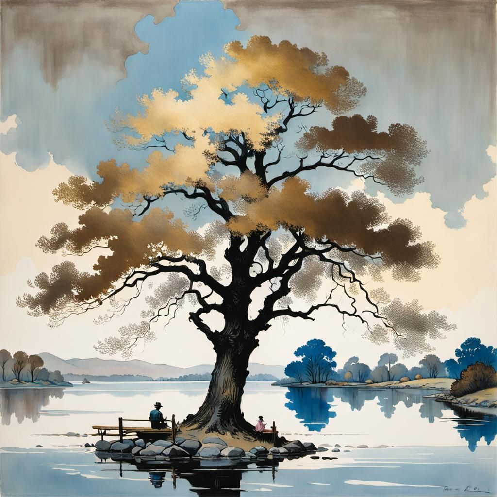 Norman Rockwell Style Tree Near Water