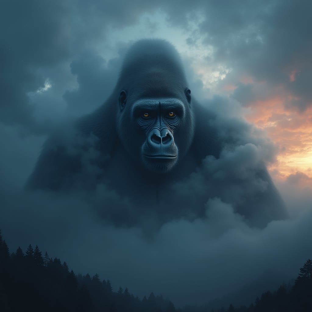 Ethereal Mountain Gorilla Emerging from Twilight Cloudscape