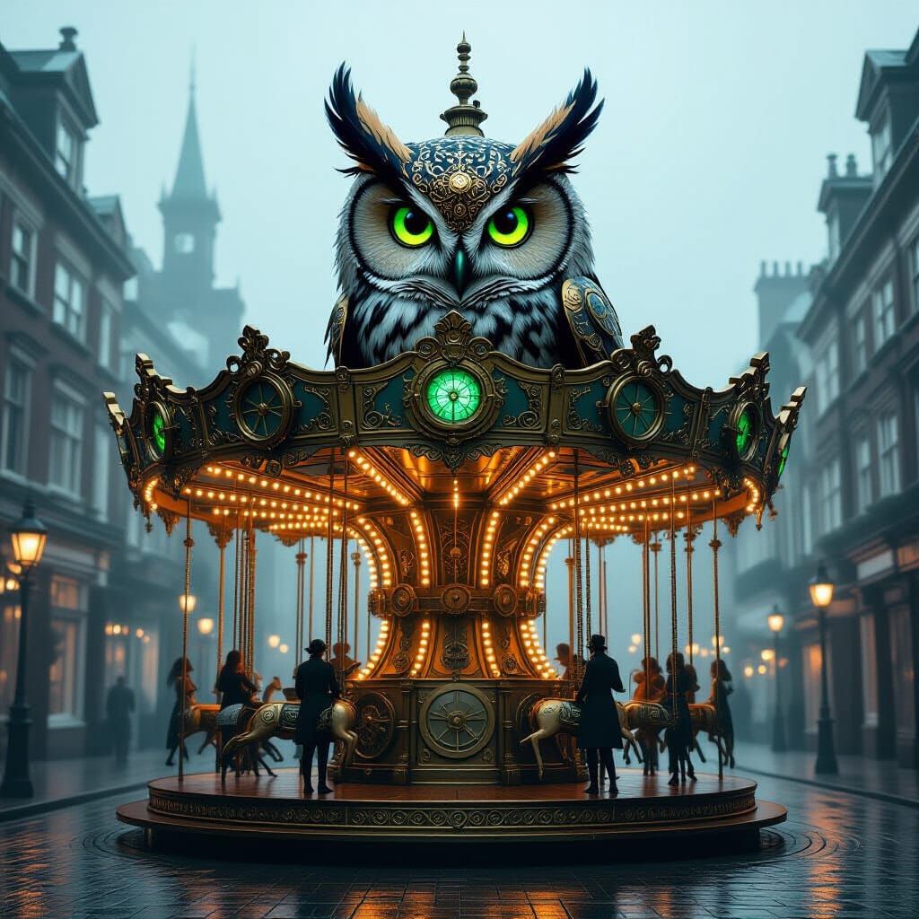 Steampunk Owl on Clockwork Carousel in Foggy London