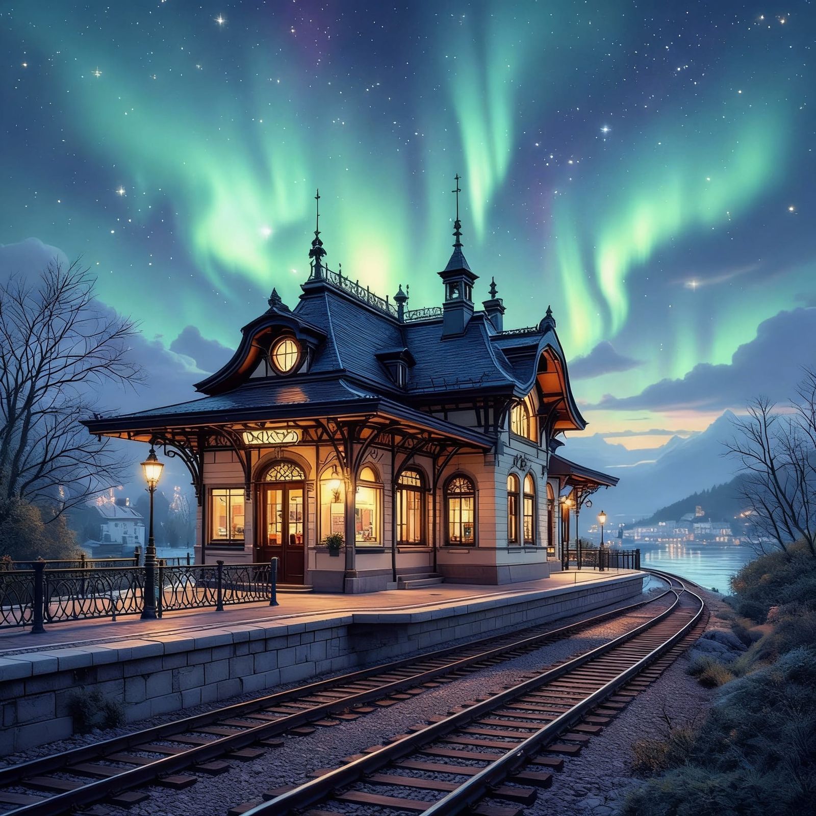 Cozy Belle Époque Train Station Under Aurora Borealis