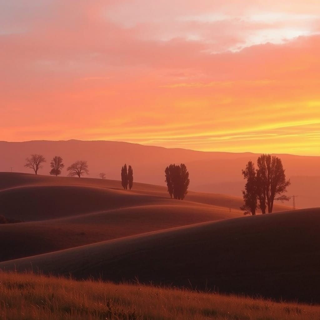 Serene Golden Hour Landscape with Silhouetted Hills and Tree...