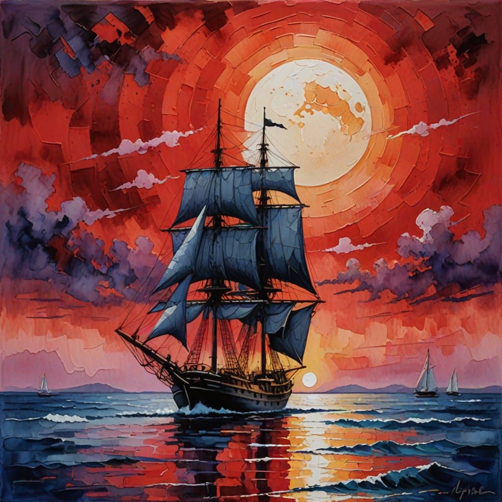 Sailing Under a Crimson Sky at Dusk