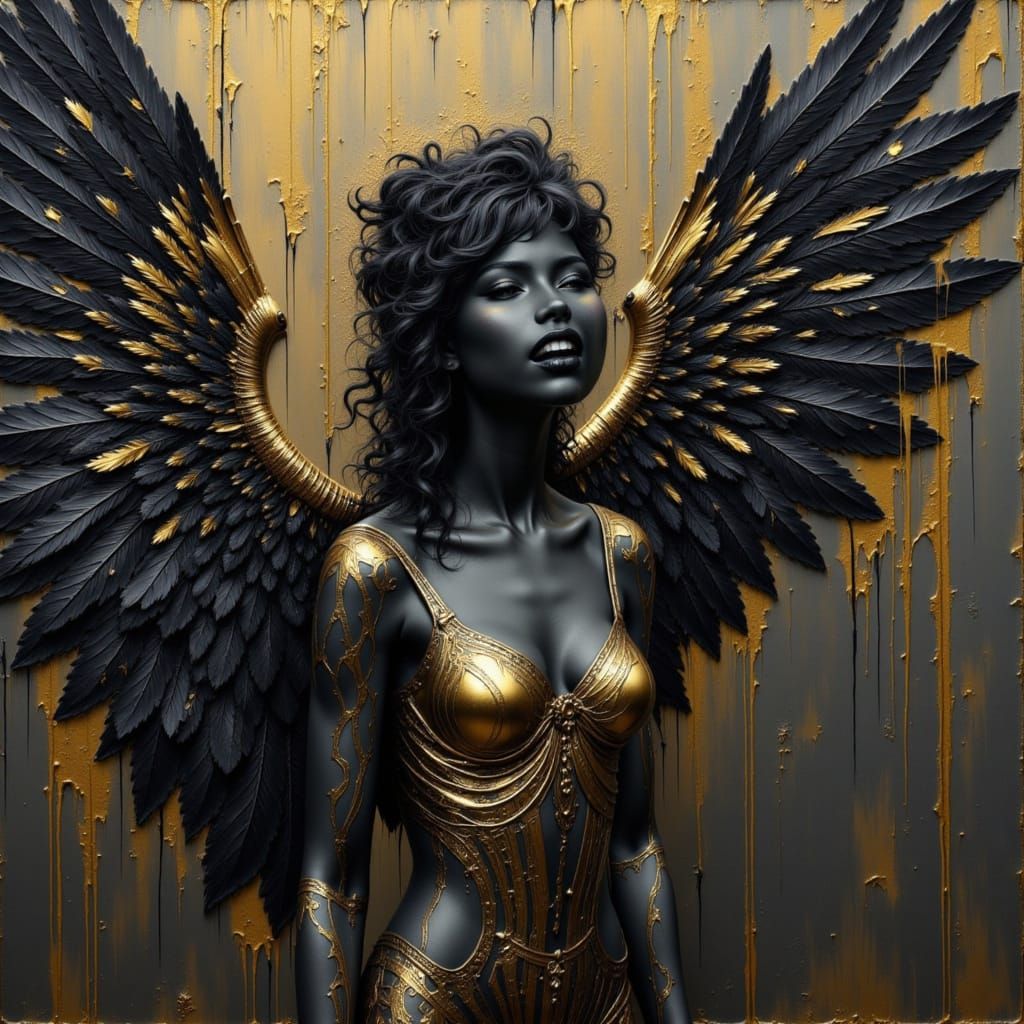 dark gold Angel with intricate feather wings, Obs...
