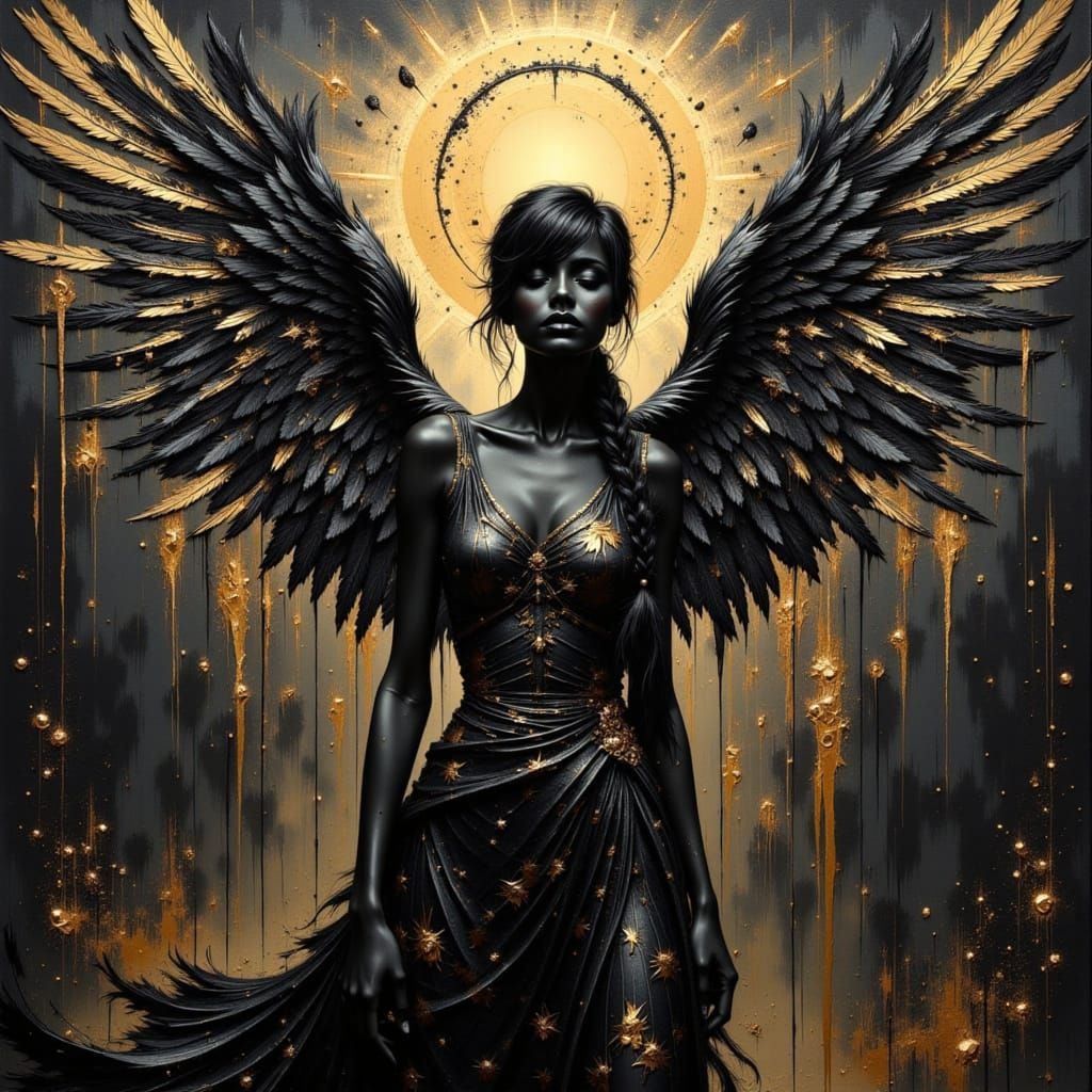 Dark gold Angel with intricate featherd wings, Obs...