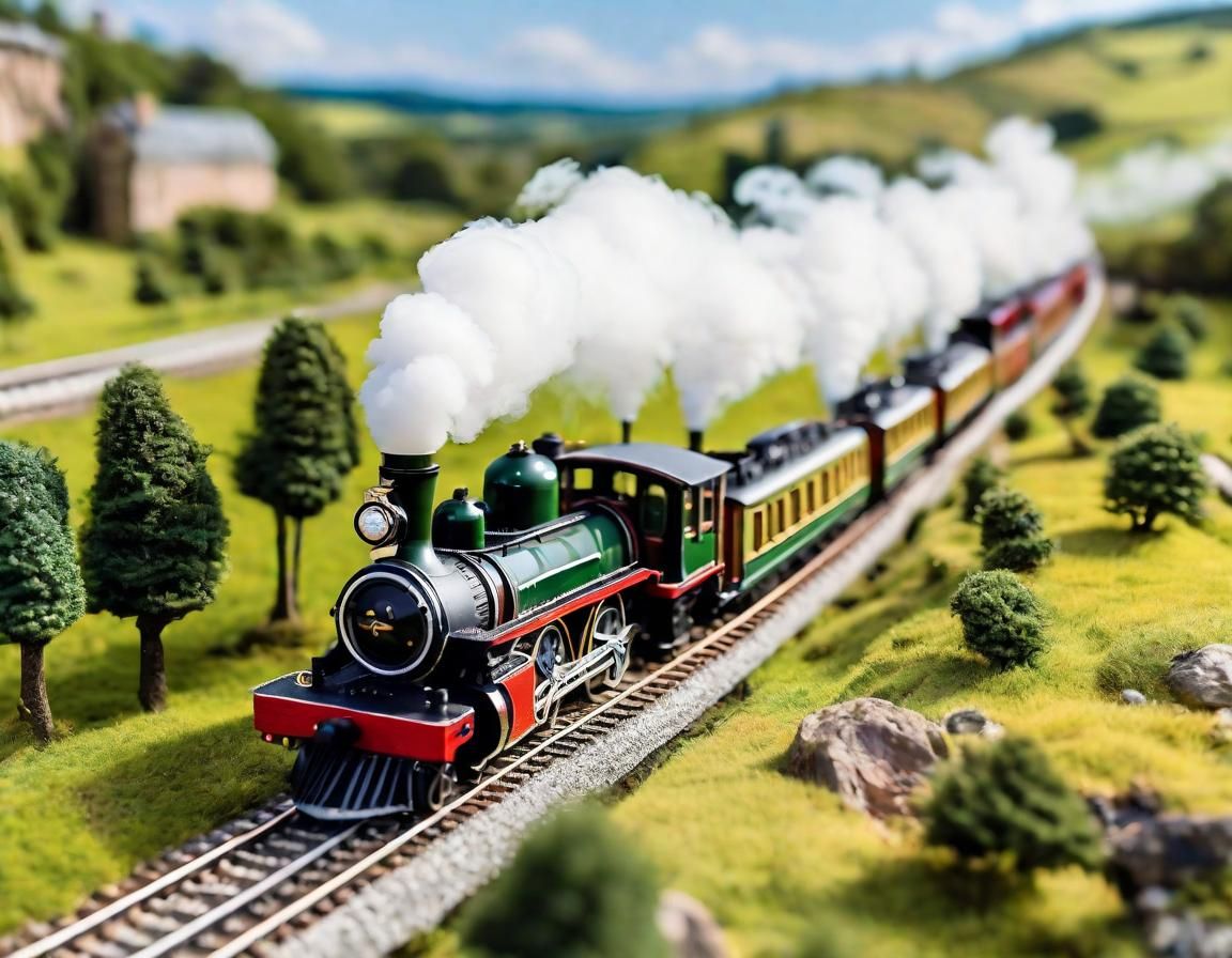 Detailed Miniature Steam Train in Scenic Countryside