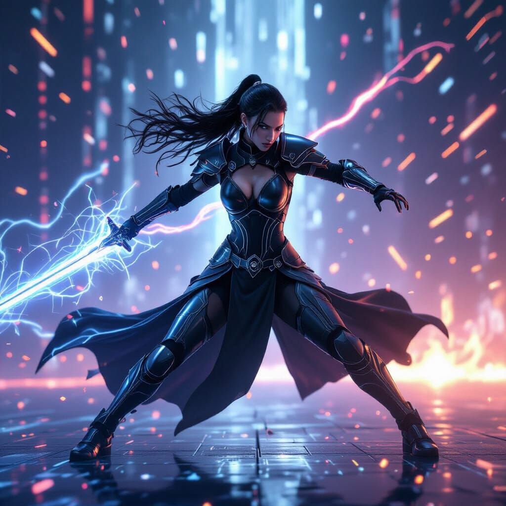 Female Warrior in Gothic Suit with Energy Sword