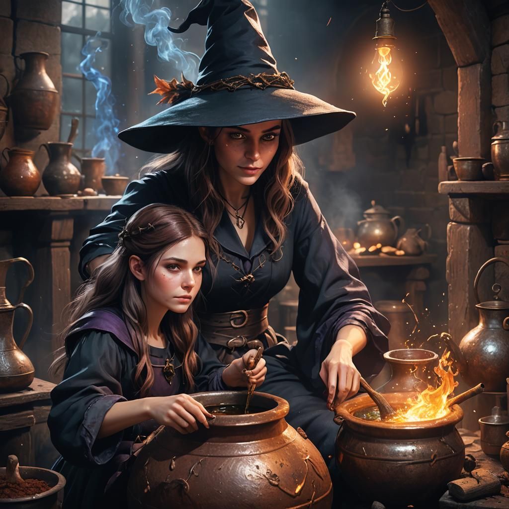 Young Witch Brews Potion: Hyperrealistic Fantasy Art
