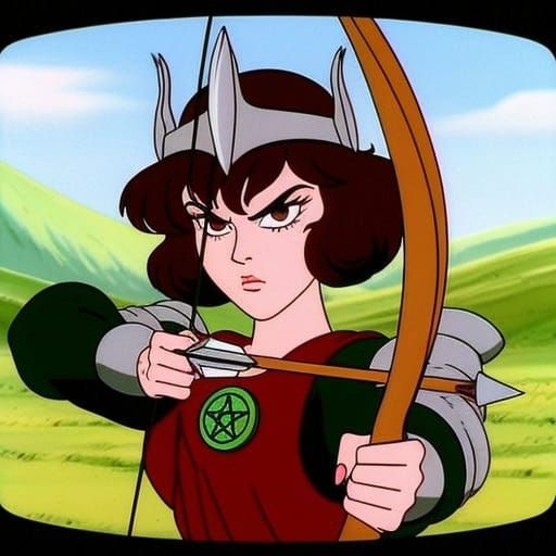 Traditional Queen in Retro Cell-Animated Style on a Hilltop