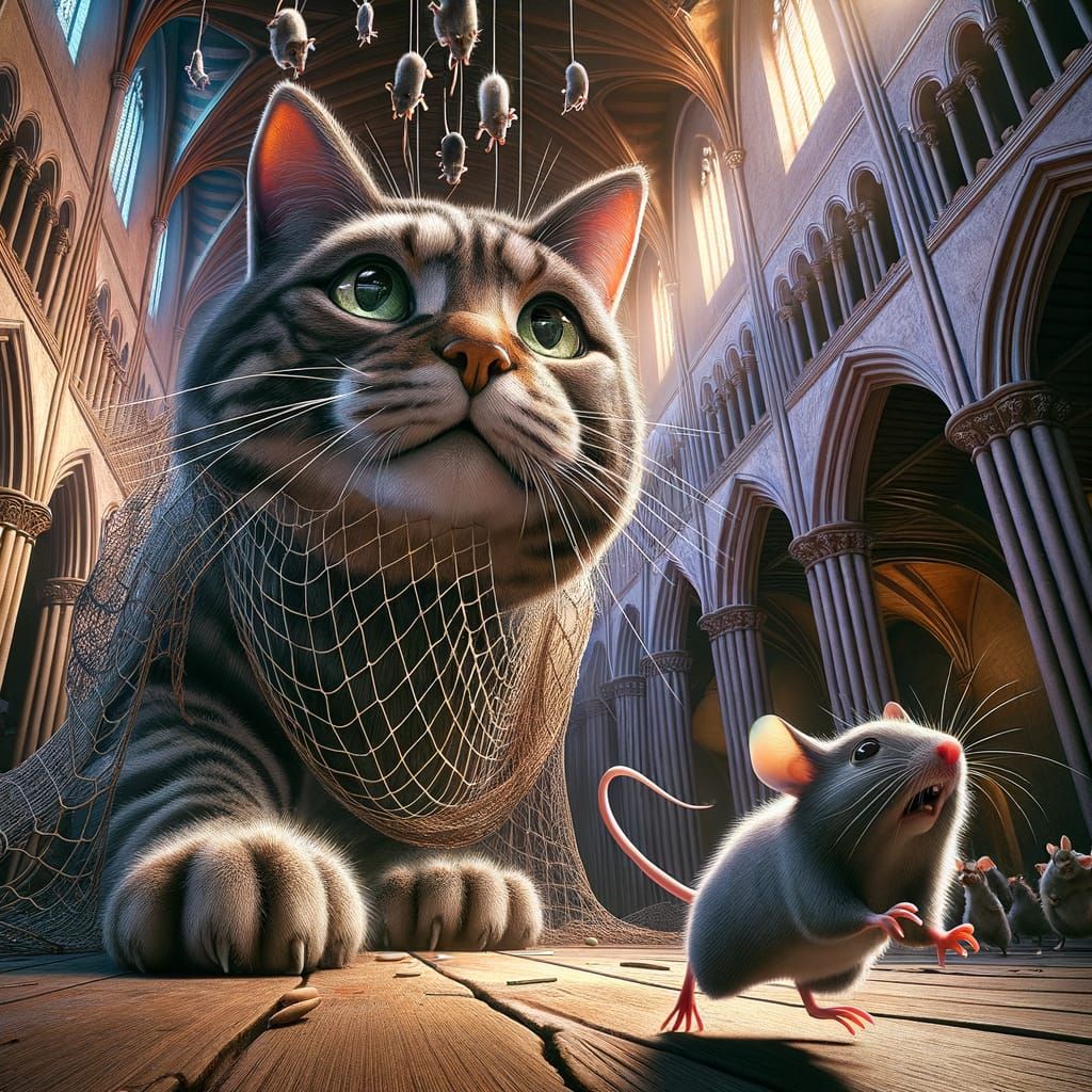 Hyperrealistic Church Scene: Tabby Cat Ensnared by Falling N...