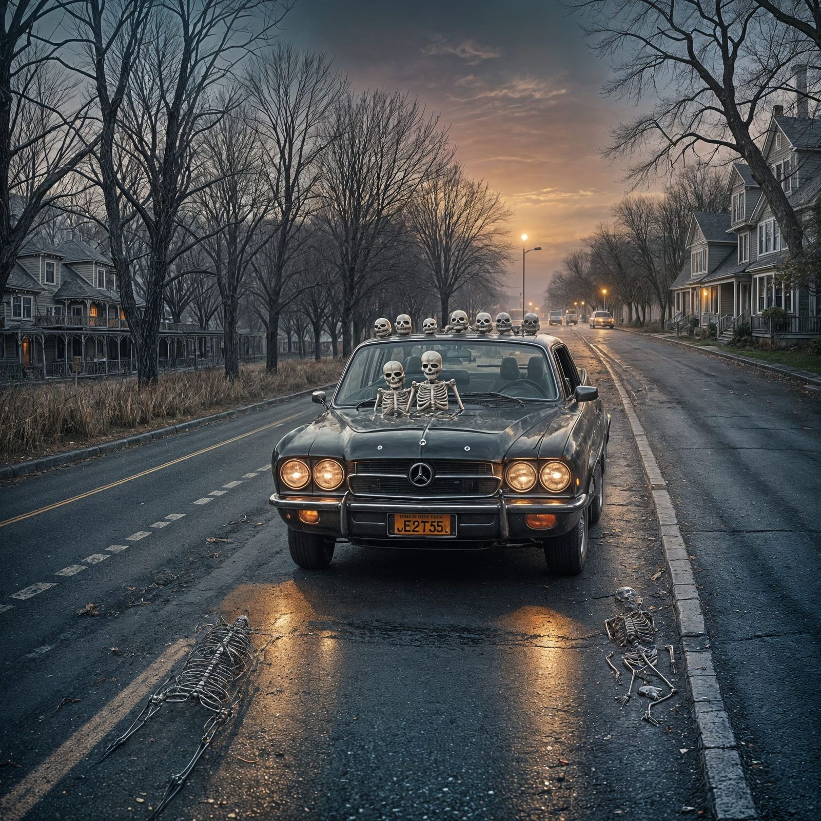 Halloween Car with Skeletons: Hyperrealistic Image