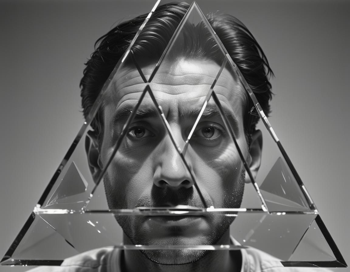 Surrealist Man with Glass Pyramid: Black and White Photograp...