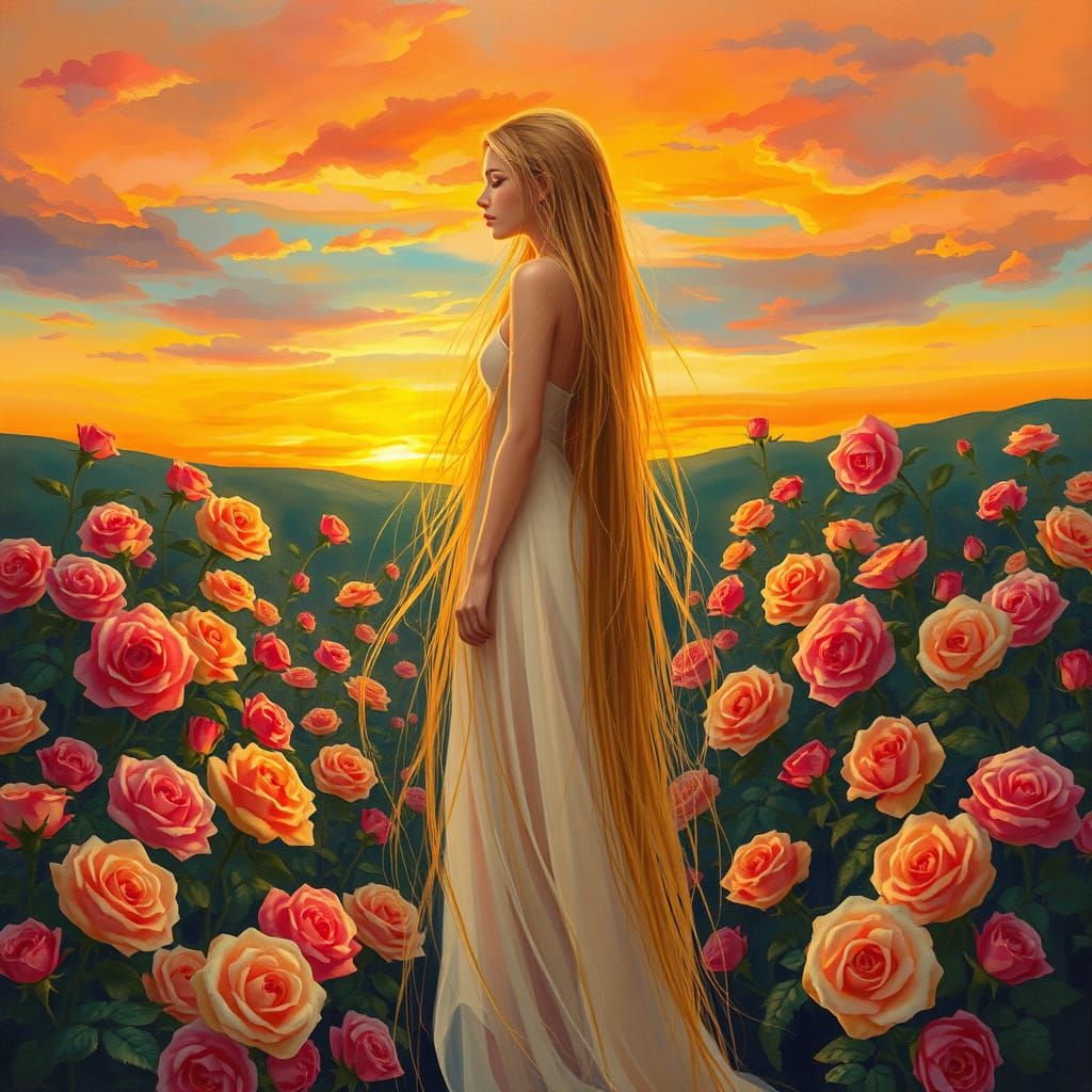 Girl in a Vibrant Tapestry of Blooming Roses