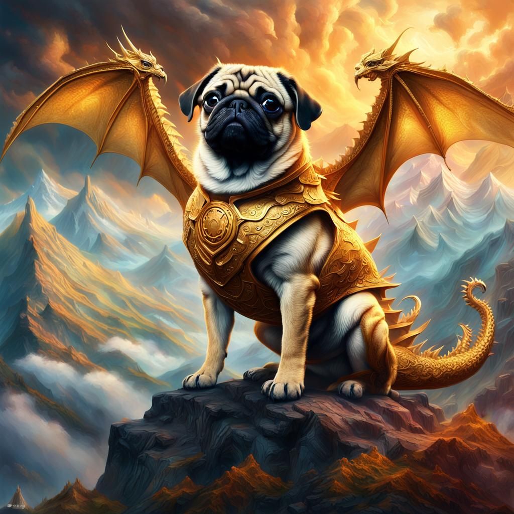 Pug Dragon on Mystical Mountain: Digital Painting