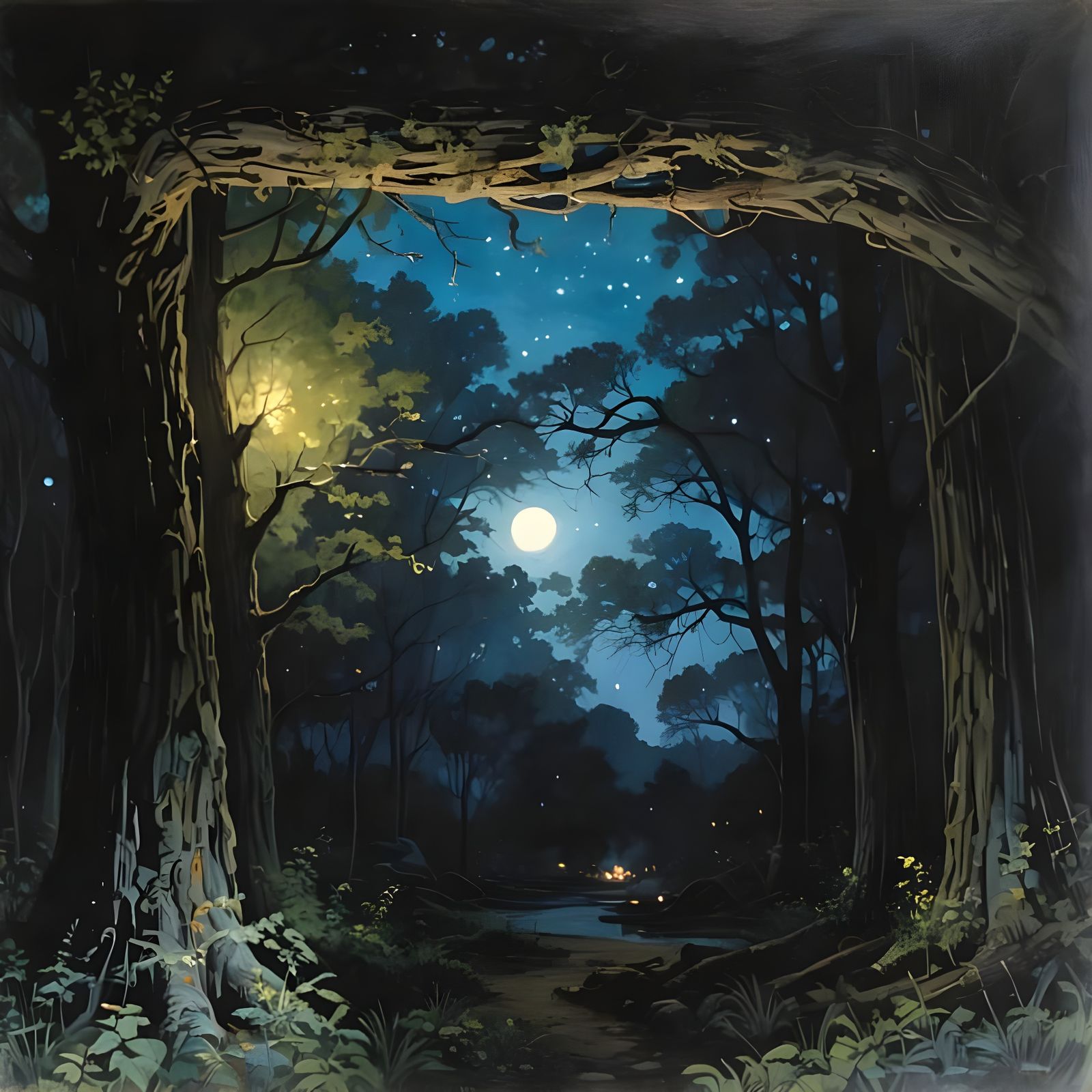 Abstract Campsite in Forest at Night