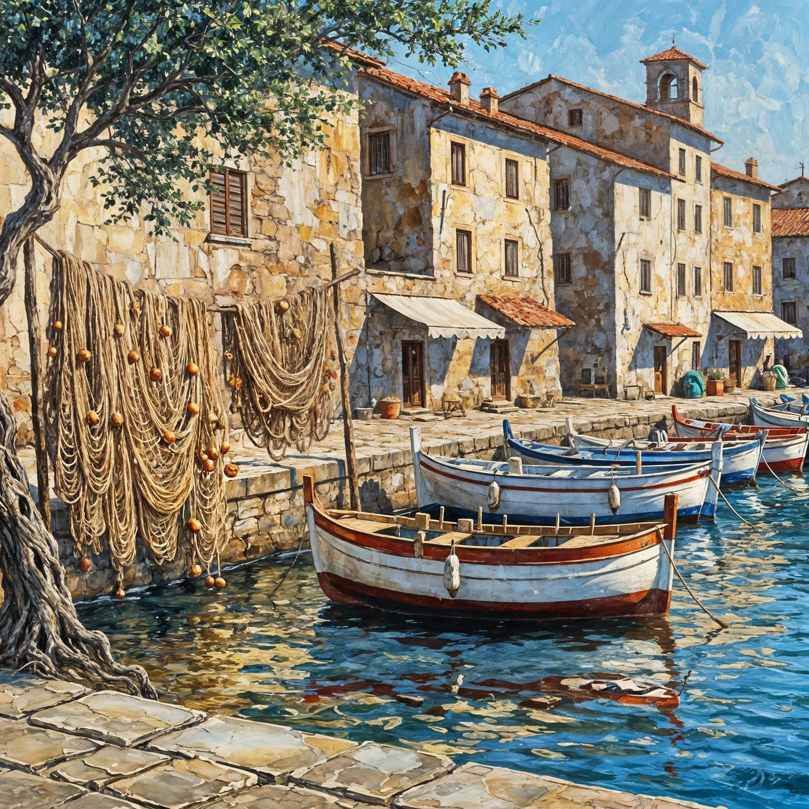 Impasto Oil Painting of a Sun-Drenched Tuscan Harbor