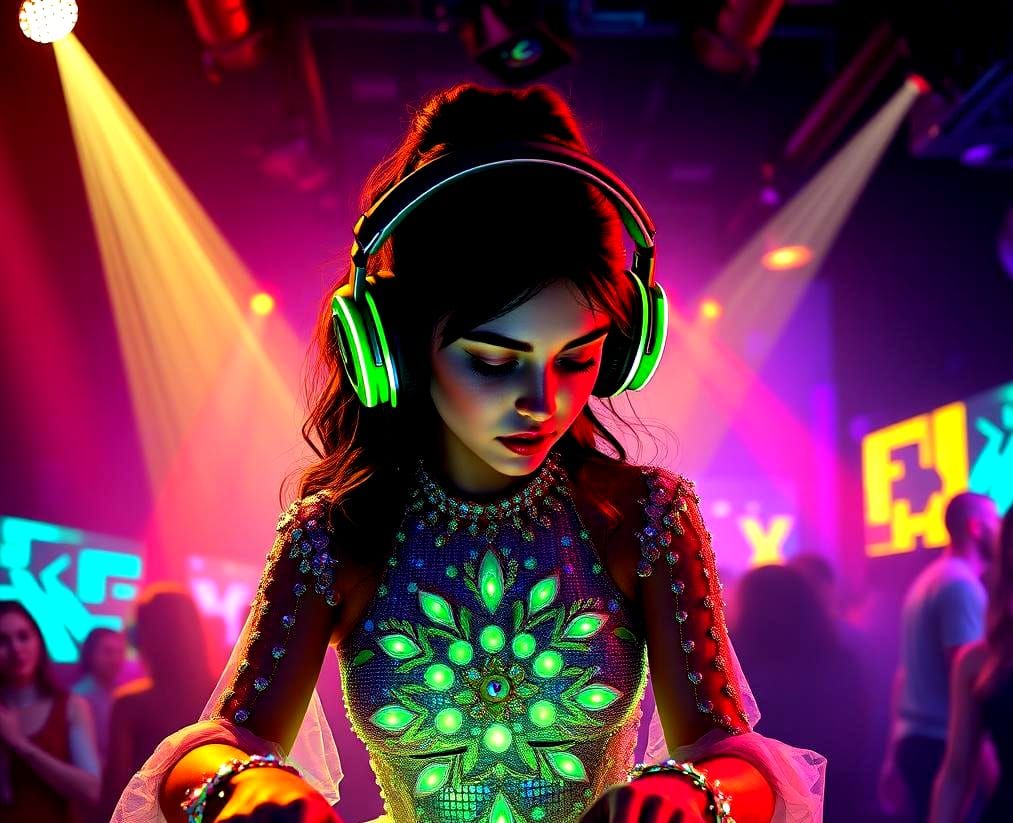 Female DJ in Glowing Gown: Fantasy Concept Art