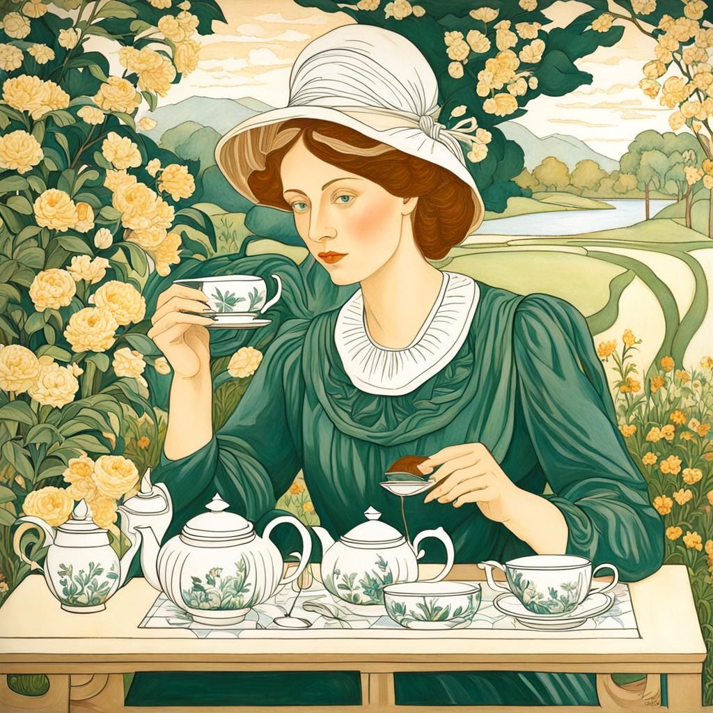 Woman and Child Tea Party in Art Nouveau Style