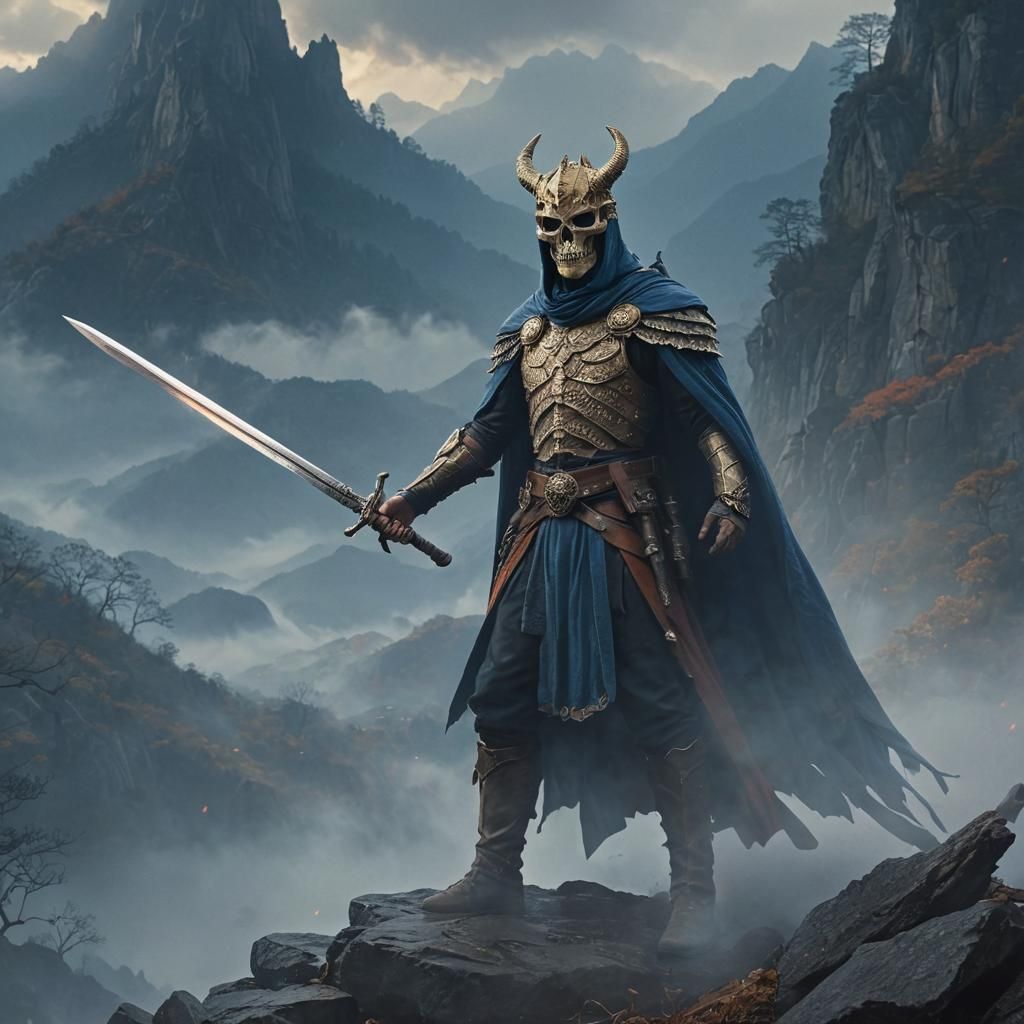 Heroic Warrior in Misty Mountains, Digital Painting