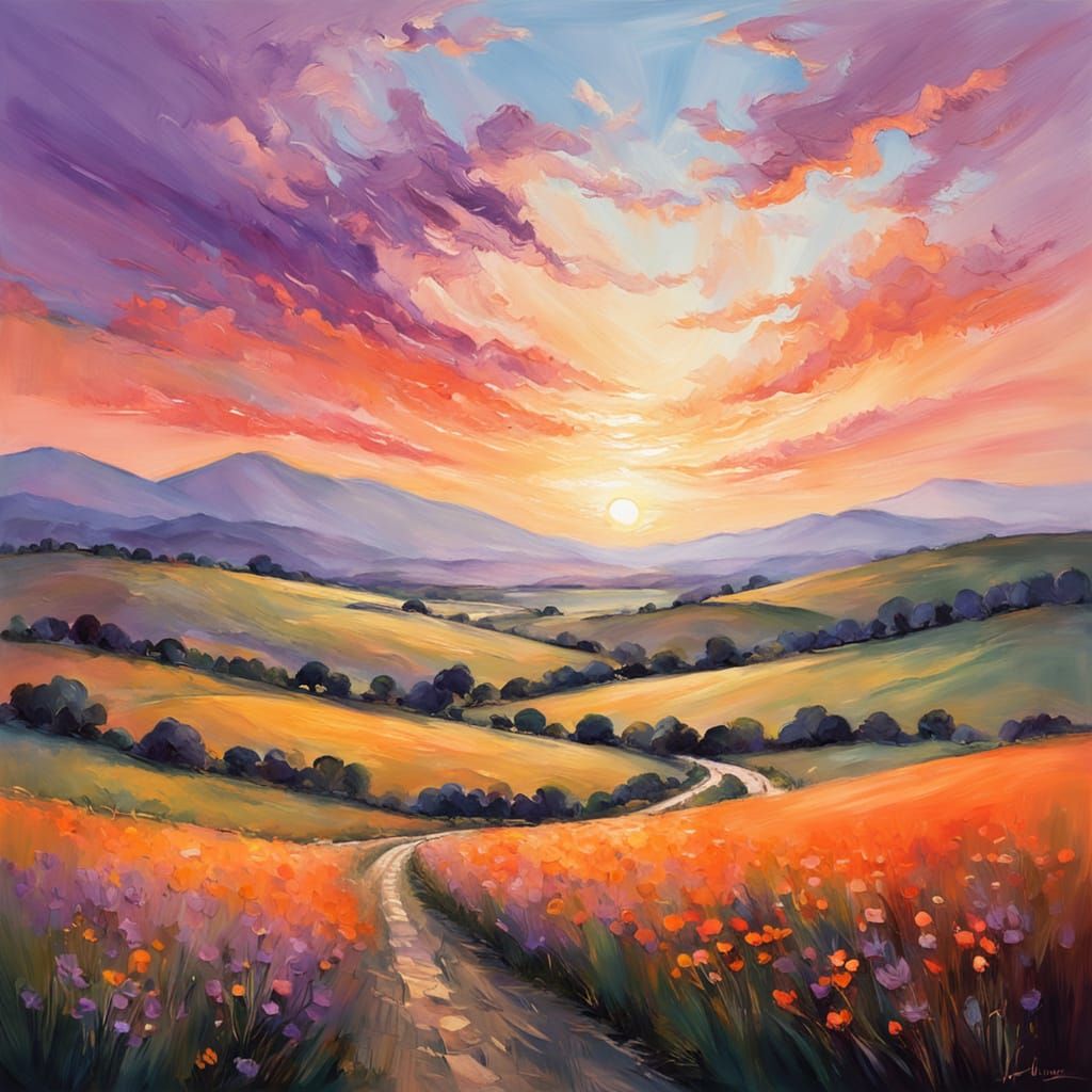 Vibrant Sunset Panorama in Warm Oil Painting Style