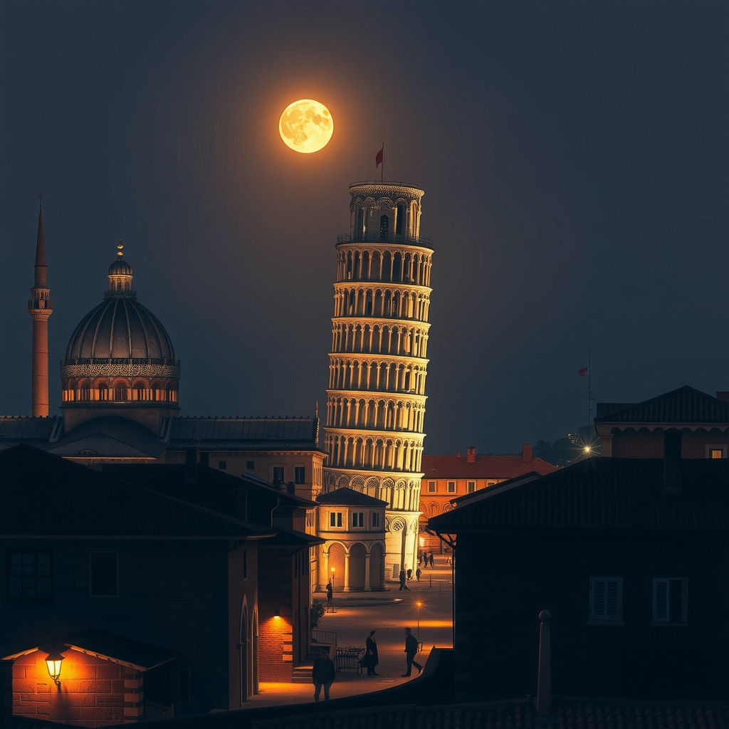 Pisa's Leaning Tower at Night in Renaissance Style