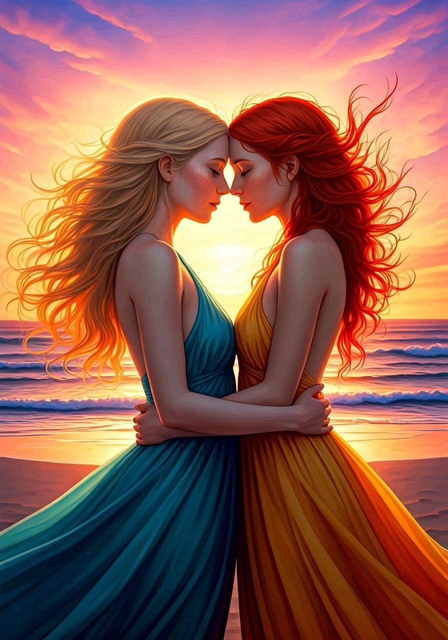 Ethereal Sunset Embrace in Whimsical, Watercolor-Inspired St...