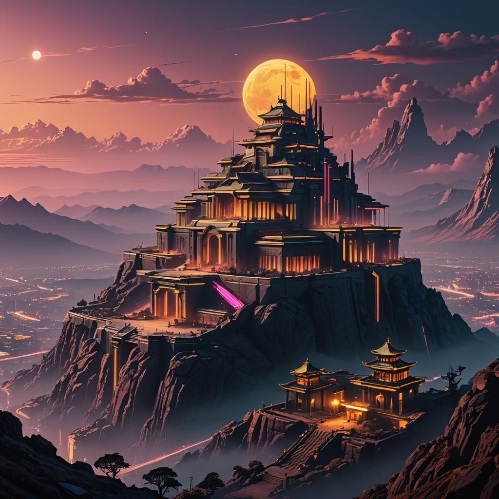 Cyberpunk Palace on Mountain with Golden Moon