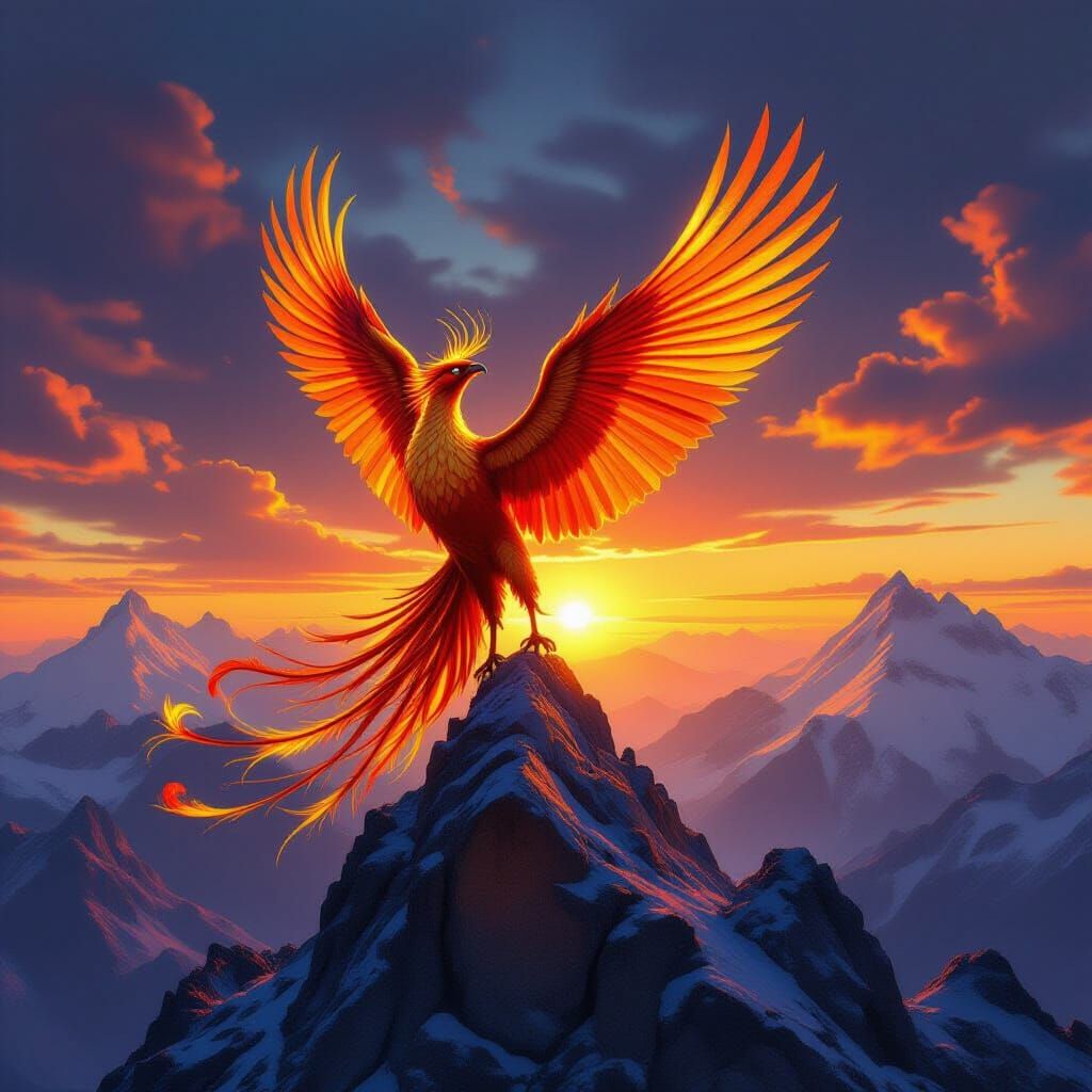 Majestic Phoenix on Crystalline Peak in Sunset Glow