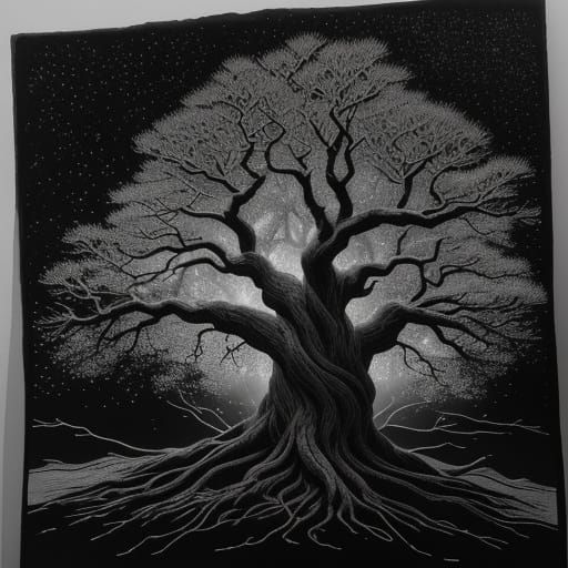 Ancient Colossal Tree in Nebula Sky Woodblock Print
