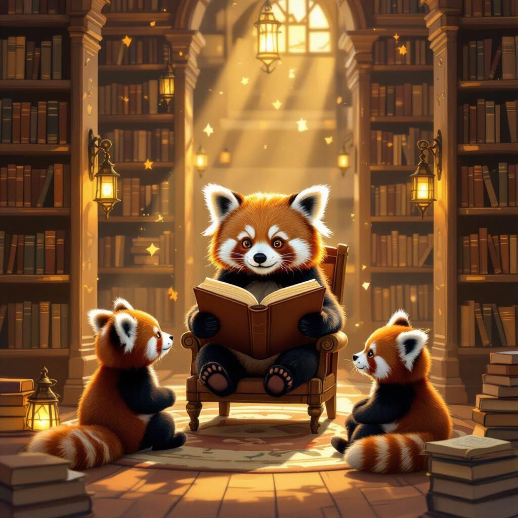 Red Panda Family Enjoys Storytime in Cozy Library