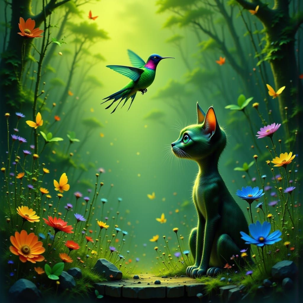 Anthropomorphic Cat Watches Hummingbird in Forest