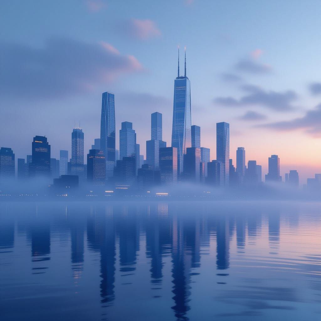 Futuristic City Skyline Dissolving into Mist