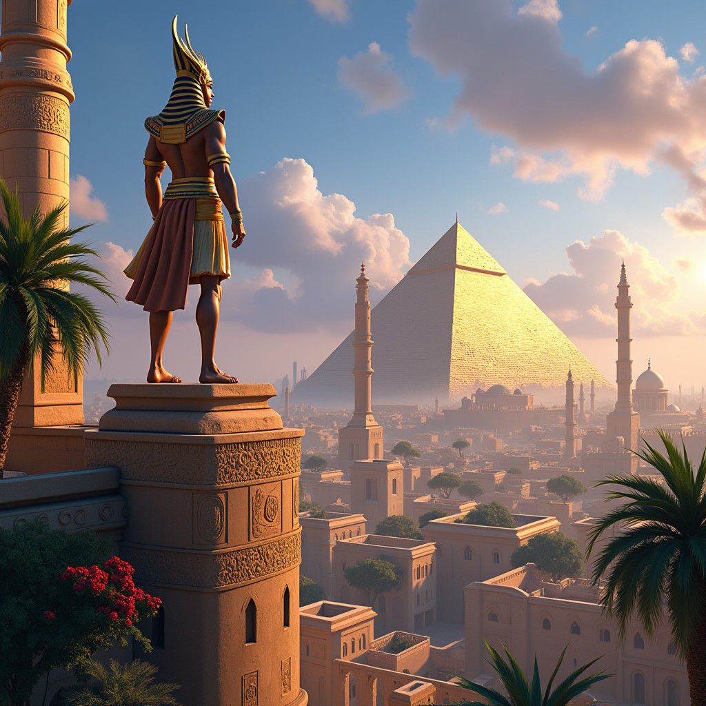 Majestic Pharaoh Overlooks Ancient Metropolis as Digital Art