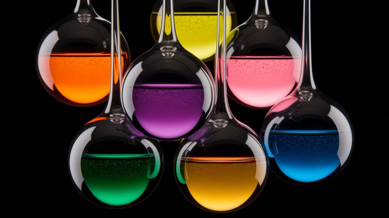 Six Glass Orbs in Vibrant Colors Hang from the Ceiling