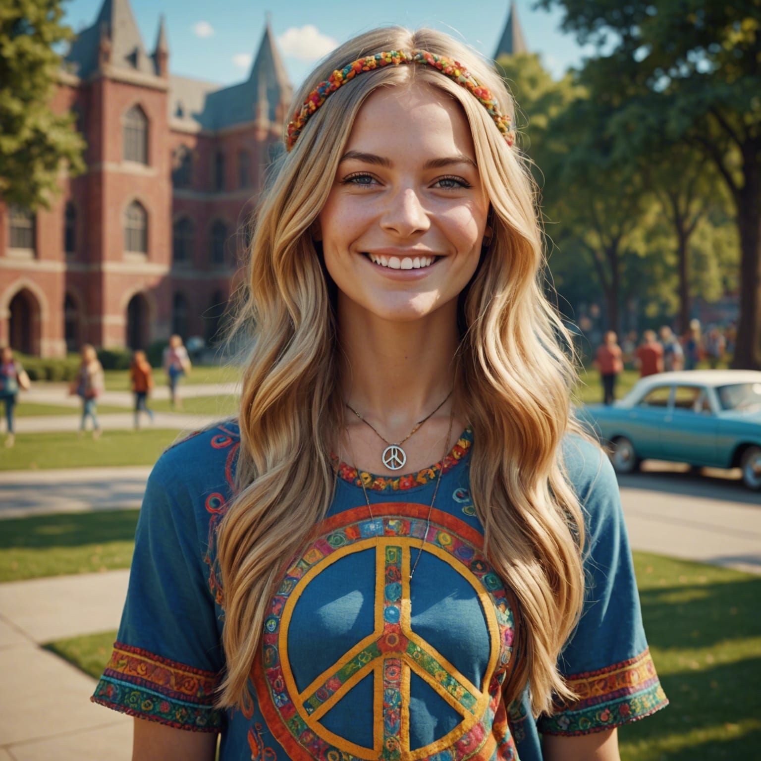 Photorealistic 1960s Hippie on College Campus