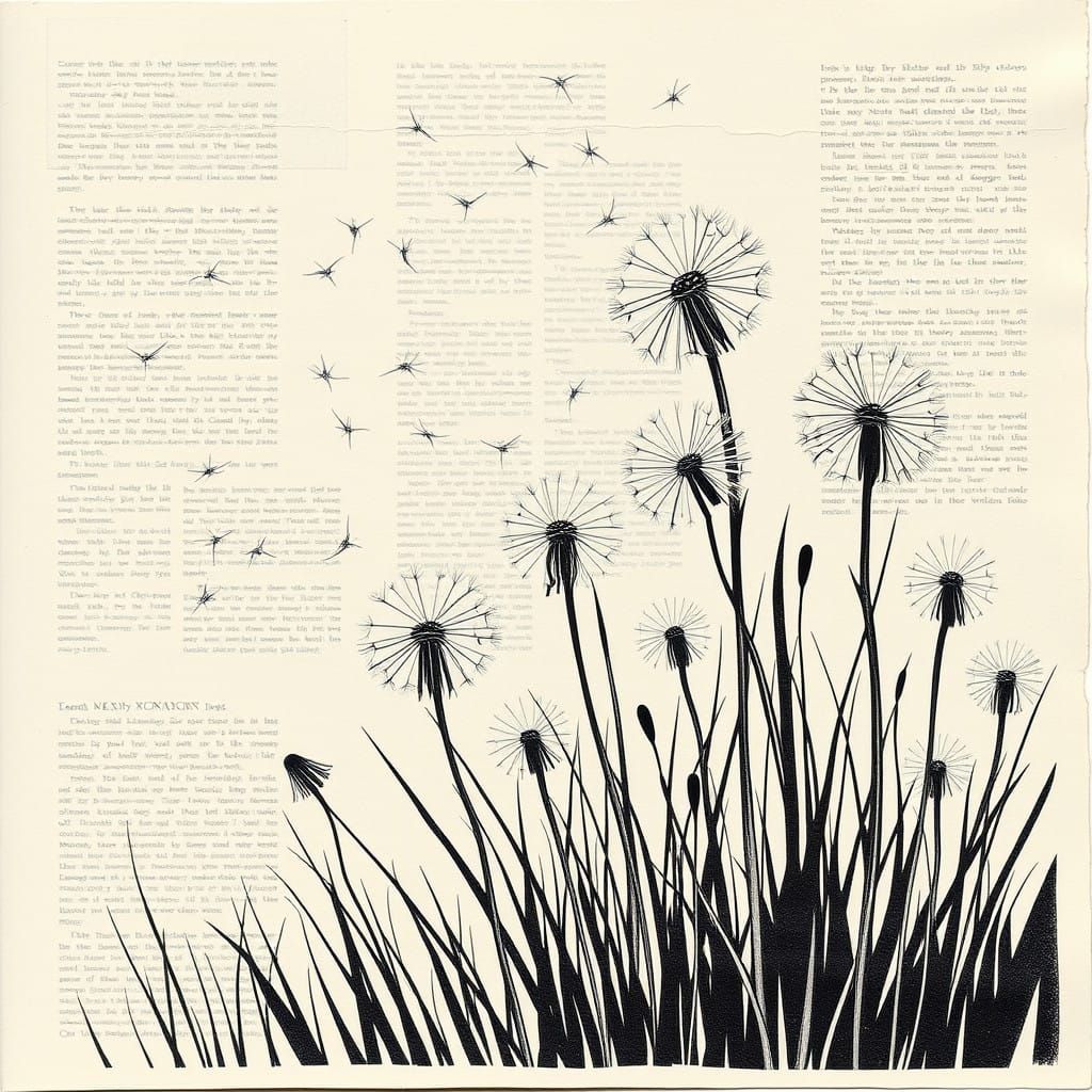 Vibrant Dandelions in a Textured Newspaper Collage