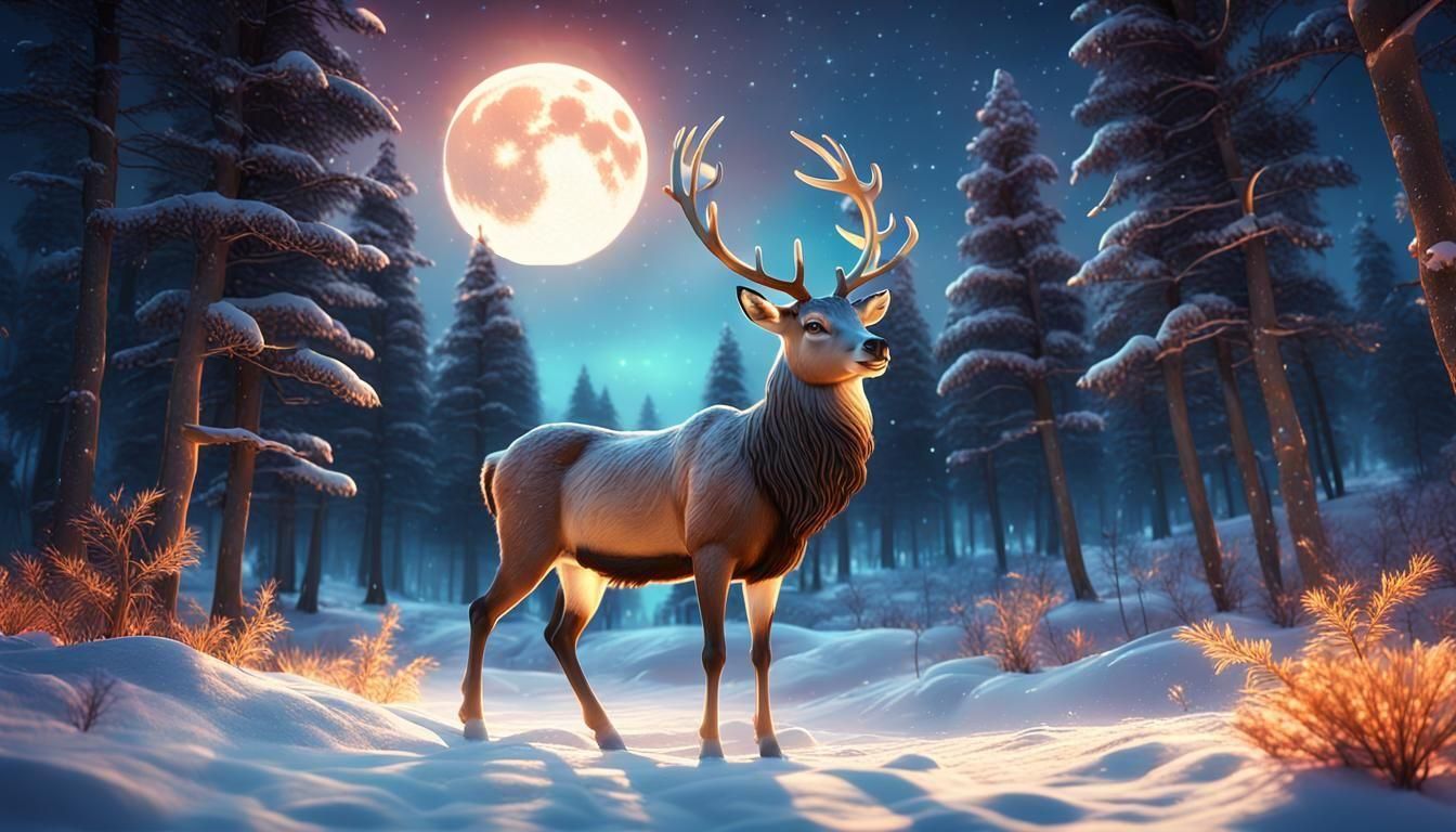 Reindeer in Snowy Glade with Moonbeams