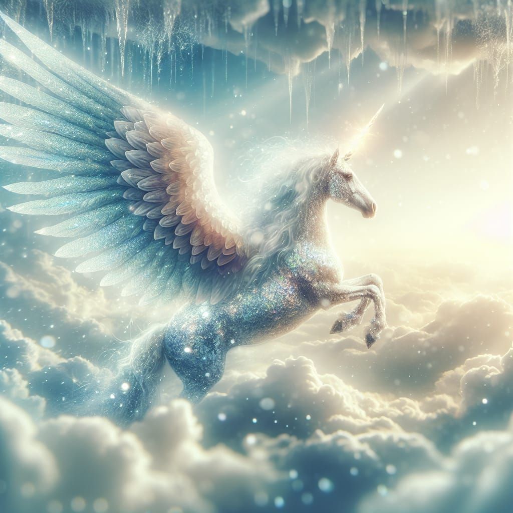 Ethereal Alicorn Soars Amidst Shimmering Snowflakes in Celes...