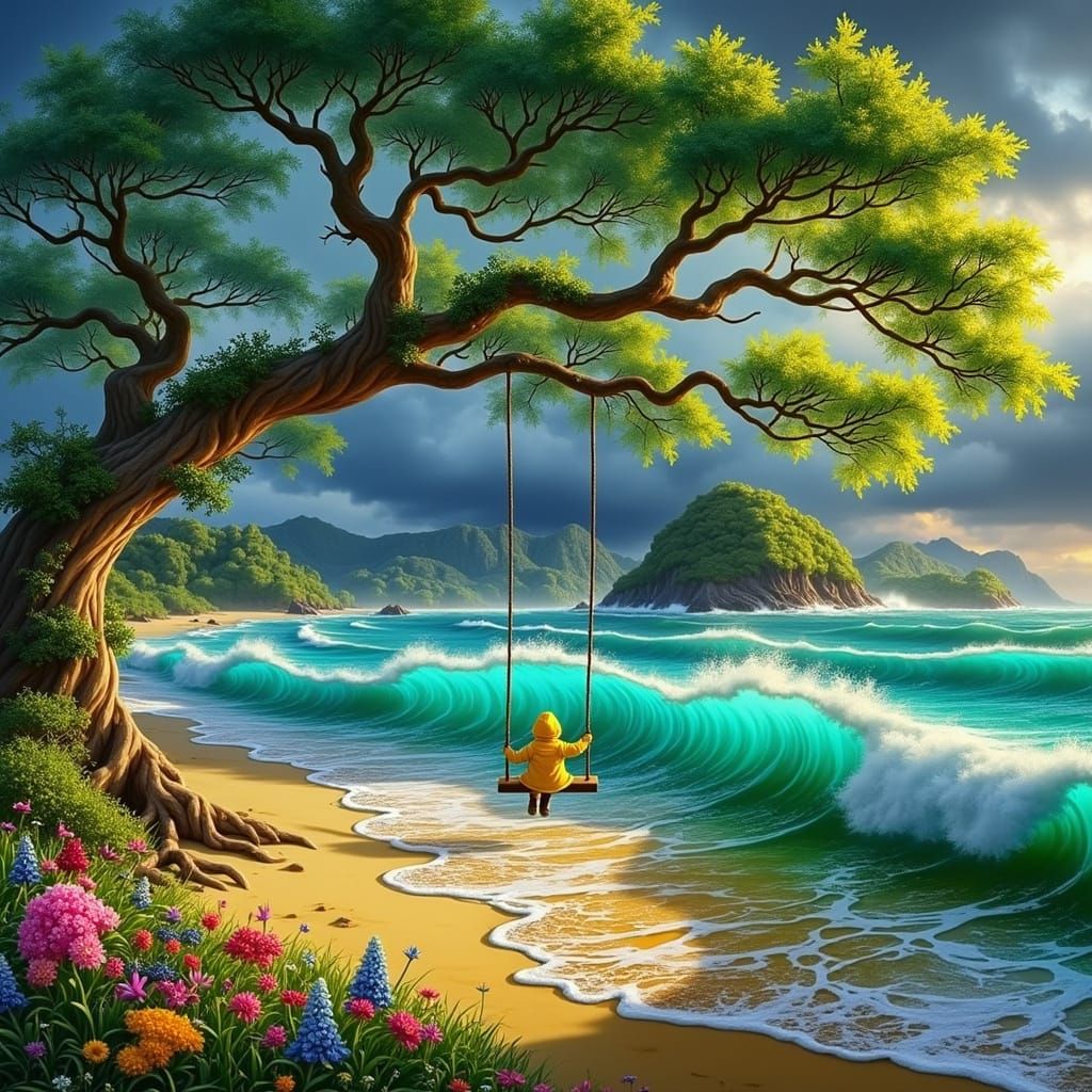 Stunning Digital Beach Scene with Swing Set and Girl in Yell...