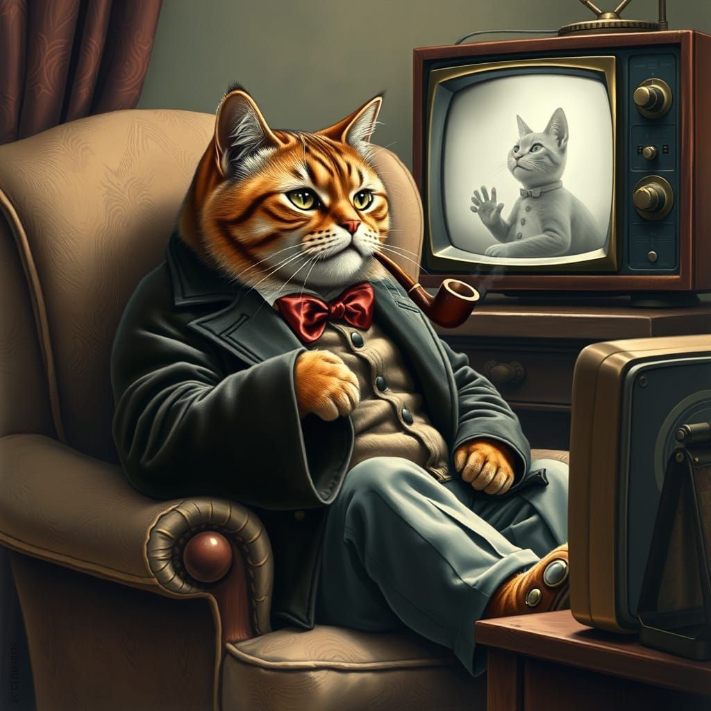 Tabby Cat Lounging in Armchair, Storybook Illustration