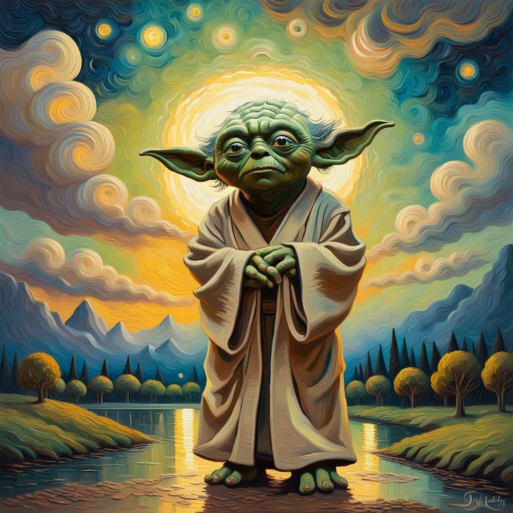Yoda in Starry Night Landscape, Neo-Impressionist Oil Painti...